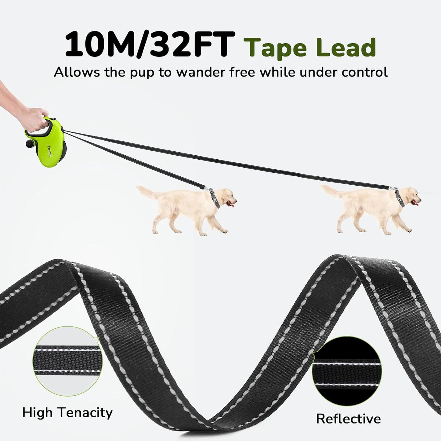 10m/32ft Retractable Dog Leash with Reflective Strips with  Poop Bag