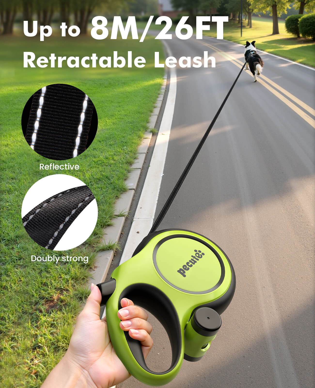 8m/26ft Dog Lead Retractable Dog Leash with Poo Bag Holder
