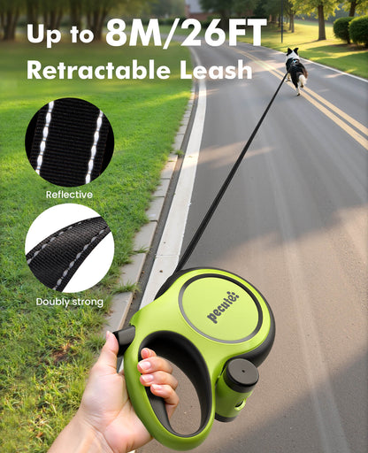 8m/26ft Dog Lead Retractable Dog Leash with Poo Bag Holder
