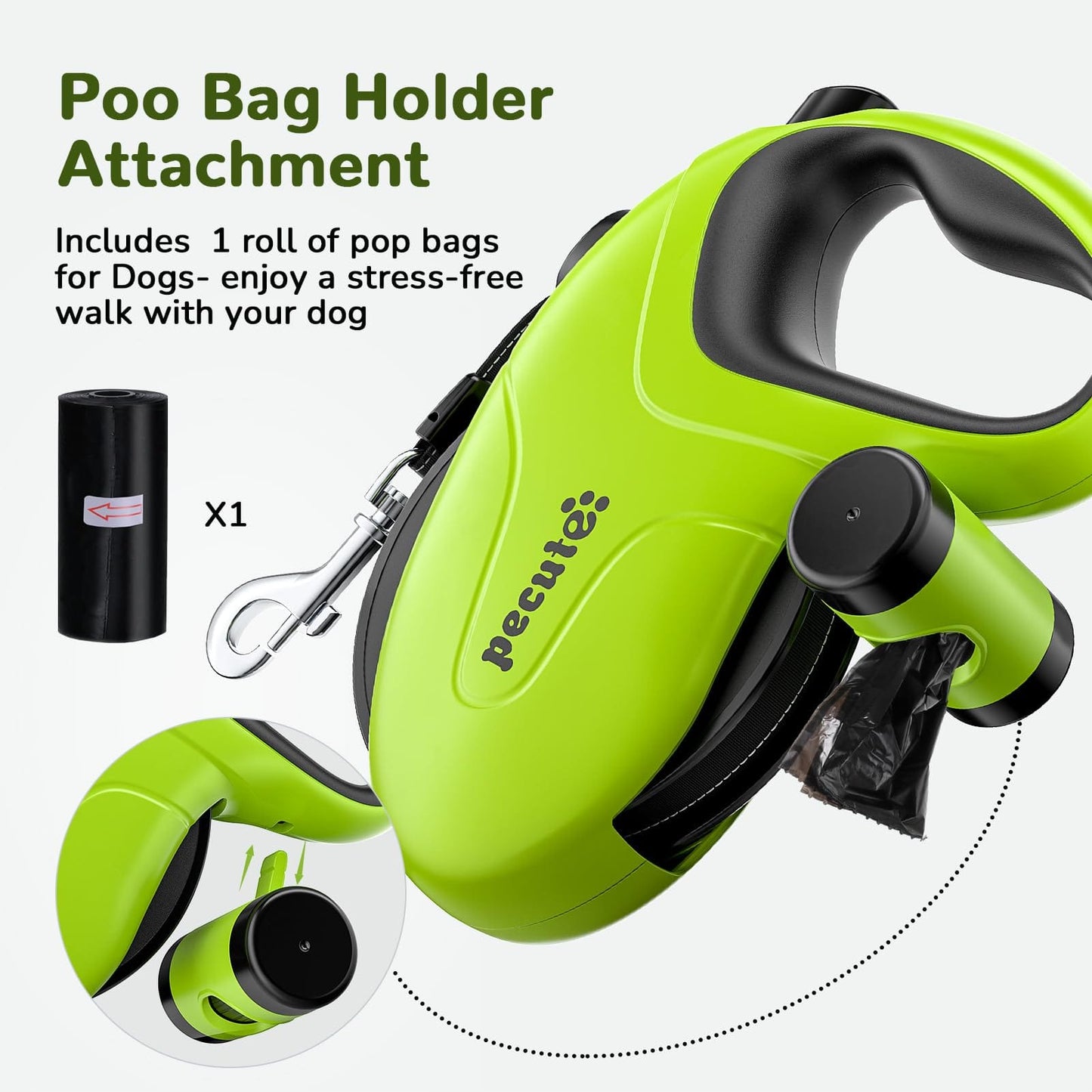 10m/32ft Retractable Dog Leash with Reflective Strips with  Poop Bag